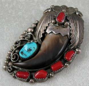 Pawn Navajo R. Bahe Sterling Cactus Flower Badger Claw Turquoise Coral 