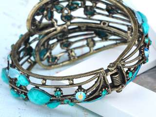   Jeweled Metallic Blue Crystal Rhinestone Flower Cuff Bangle Bracelet