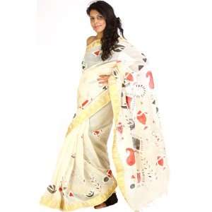    Cream Hand Painted Saris from Bihar   Pure Cotton 
