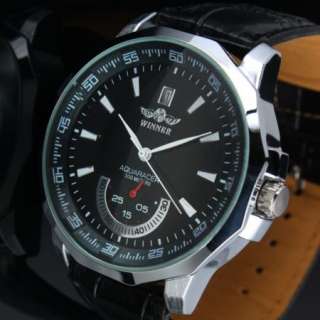 New Mens Black Face Self Winding Automatic Mechanical Leather Strap 