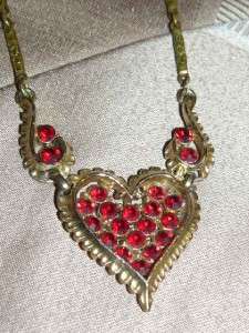 VINTAGE RUBY RED HEART NECKLACE ATTACHED CHAIN STUNNING  
