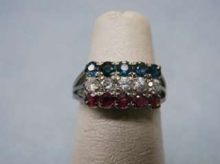 Ruby Sapphire Red White Blue Band Ring 14kt WG Sz 4  
