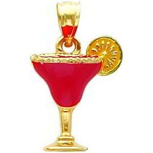  14K Gold Fuchsia Enameled Margarita Drink Pendant Jewelry