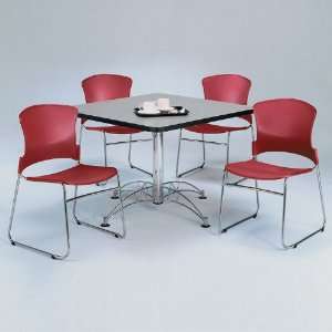  Set Four Plastic Stack Chairs and 42 Square Table Mahogany Table 