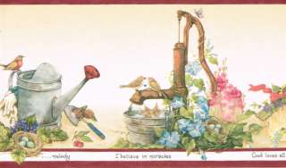   FLOWERS WATERING CANS BIRD HOUSES Wallpaper bordeR Wall  