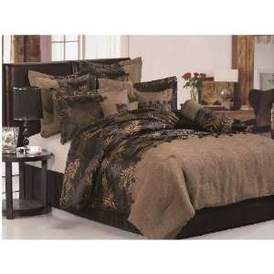 Luxury King Brown Leave Faux Linen Comforter Set
