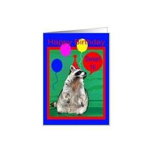  Sweet 16 Birthday, Raccoon with hat, balloons Card: Toys 