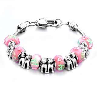 PUGSTER PUPPY TWIN COMBINED PINK MURANO GLASS BEAD CHARM BRACELET Z38 