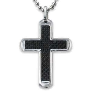   : Stainless Steel Polished Black Carbon Fiber Cross Necklace: Jewelry