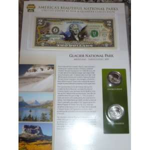 New Glacier National Park Commemorative $2.00 Us Bill and Quarter Coin 