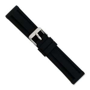   Blk Grooved Silicone Rubber Slvr tone Bkle Watch Band Size 20 Jewelry