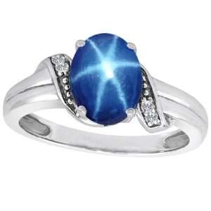   Created Oval Star Sapphire and Diamond Ring(Metal=White Jewelry