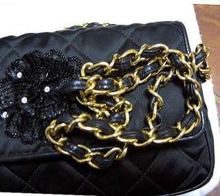 AUTHENTIC CHANEL Black Satin Sequin Camellia Elegant Evening Bag Purse 