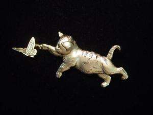 JJ Antique Gold Pewter CAT Chasing BUTTERFLY Pin  
