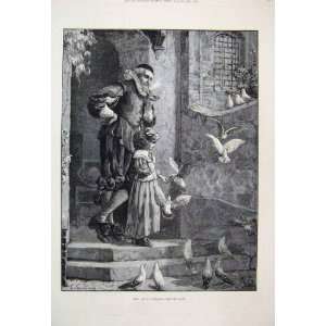  1882 Man Smokingpipe Girl Feeding Birds Antique Print 