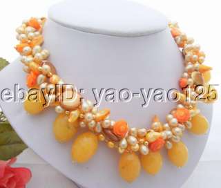 Stunning 4Strds Champagne Pearl&Brown Coin Pearl&Yellow Jade Necklace