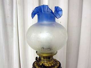   Banquet Lamp Blue Fade To Frost Shade Oil Lamp Converted Electric NICE