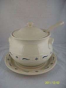 Longaberger Pottery Soup Tureen w Lid, Ladle and Plate Classic Blue