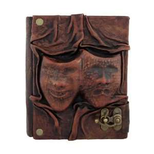  3D Happy Sad Mask Sculpture on a Brown Handmade Leather 
