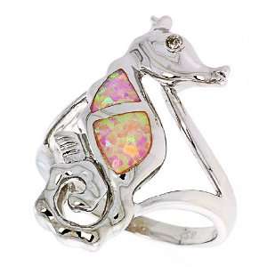   Ring Sterling Silver, Synthetic Pink Opal Seahorse Ring For Women 27MM