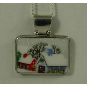  Hand Cut China Sterling Silver Pendant Holiday Winter Scene 