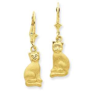  14k Gold Satin Cat Dangle Leverback Earrings Jewelry