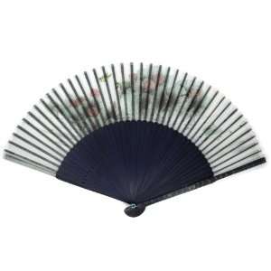   Bird Blue Bamboo Wood Oriental Silk Folding Fan