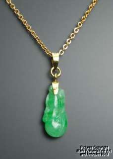   Green Jadeite Jade Pendant, Gourd Carving with 14K Gold Chain  