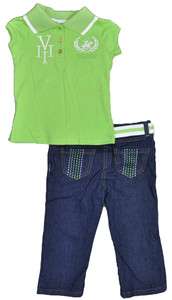 Beverly Hills Polo Toddler Girls Green Polo & Jeans Pant Set Size 2T 