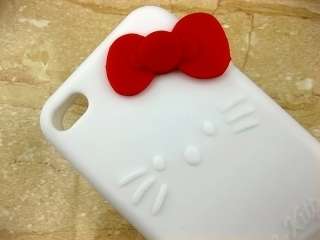 White Hello Kitty Silicone Back Case Cover red Bowknots for iPhone 4 