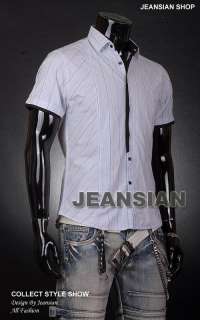 3mu Mens Designer Slim Short Shirt Top Tie Style Strip Purple/Blue M L 