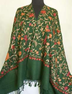 Kashmir, Wool Shawl. Crewel Embroidered on Green  