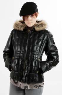United Face Womens New Black Leather Hooded Lambskin Down Jacket M L 