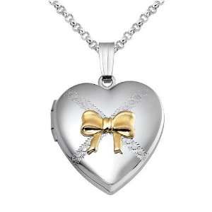  Two Tone Engraved Heart with Bow Locket Jewelry