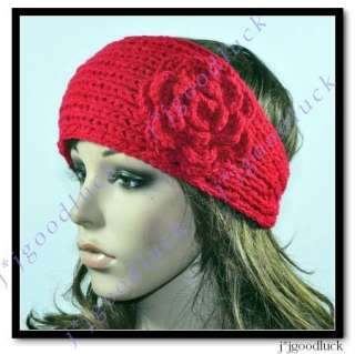 100% Handmade Knit Head Wrap Headband Crochet Flower RED  