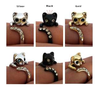  crystal kitty kitten adjustable ring 3color(silver,black,gold)  