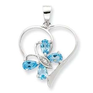 Sterling Silver Rhodium SW Blue Topaz & Diamond Butterfly 