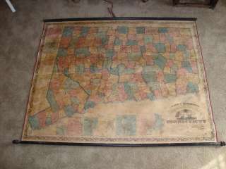 Rare 1859 hand colored wall map Connecticut pristeen  