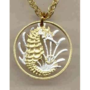 Singapore 10 Cent Seahorse and Seaweed Two Tone Coin Cut Out Pendant 