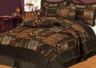 Safari Patchwork Brown 7Pc Micro Suede Bedding Comforter Set King Size 