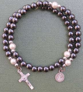 Saint Benedict Hematite Rosary Bracelet (Wrap Style)  