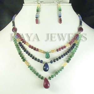 NATURAL 130ct RUBY EMERALD SAPPHIRE BEAD NECKLACE 925SL  