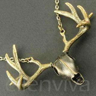 BIG Awesome 3 inch Elk Skull Animal Long Necklace Vintage Gold Tone 