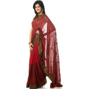 Maroon Wedding Sari with All Over Embroidered Flowers in Green Thread 