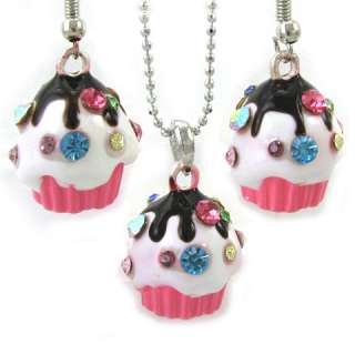 Cute Party Chocolate Pink Cup Cake Necklace Earring Set  