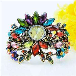 Retro Flower Watch Bangle Cuff Multi Swarovski Crystal  