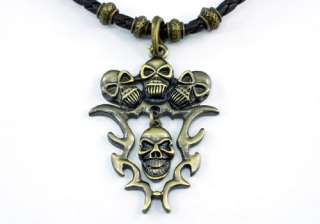Halloween Biker Gothic Brass Skull Heads Necklace N056  