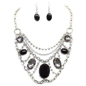 Stone Necklace Set; 18L; Silver Metal; Genuine Black Obsidian Stone 