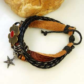 Tibet silver Star pendant Leather Hemp Bracelets Bangle  