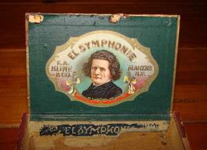ANTIQUE EL SYMPHONIE 1901 WOOD CIGAR BOX RARE MAKERS N.Y. E.A. KLINE 